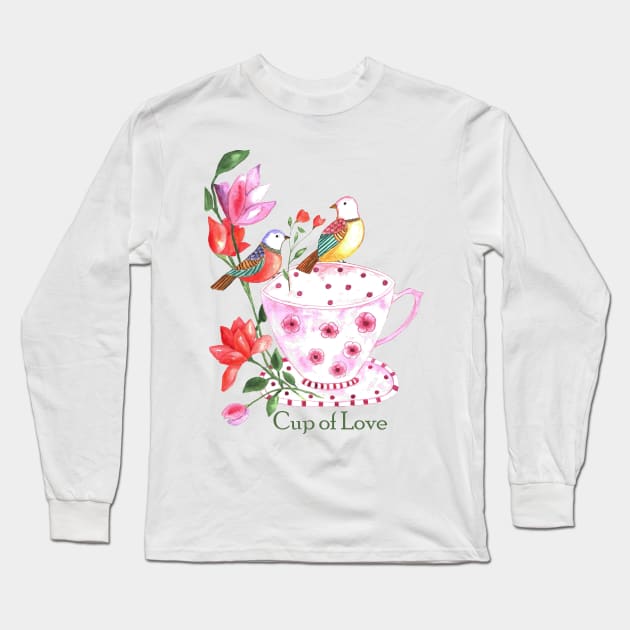 Cup of love, red and yellow birds on a pink floral cup Long Sleeve T-Shirt by LatiendadeAryam